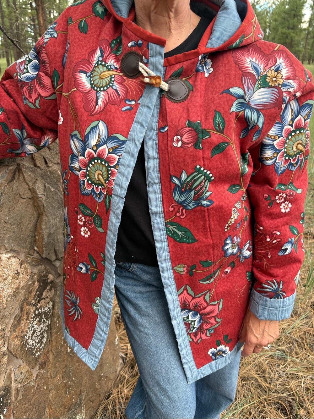 Handmade Quilted Floral Red Women's Jacket - Picture 10 of 16